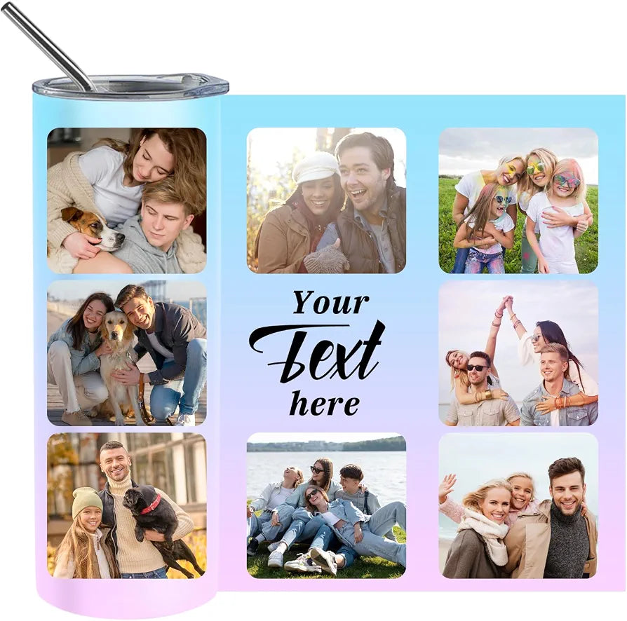 Personalized Coffee Tumbler with 8 Photo Text, 20oz Stainless Steel Tumbler with Lid and Straw, Coffee Travel Cups, Personalized Christmas Birthday Gifts for Family Friends Women Men