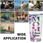 20Oz/600ML Personalized MOM Tumbler, Custom 3 Photos Stainless Steel Insulated Tumbler with Lid, Watercolor Ink Wash Design Travel Coffee Mug, Mom I Love You, Mother’s Day Birthday Gift for Mom