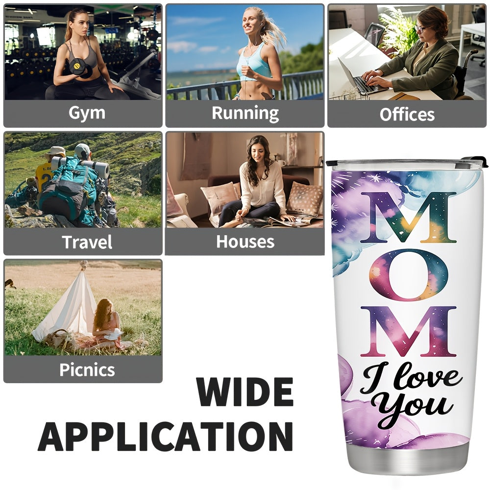 20Oz/600ML Personalized MOM Tumbler, Custom 3 Photos Stainless Steel Insulated Tumbler with Lid, Watercolor Ink Wash Design Travel Coffee Mug, Mom I Love You, Mother’s Day Birthday Gift for Mom