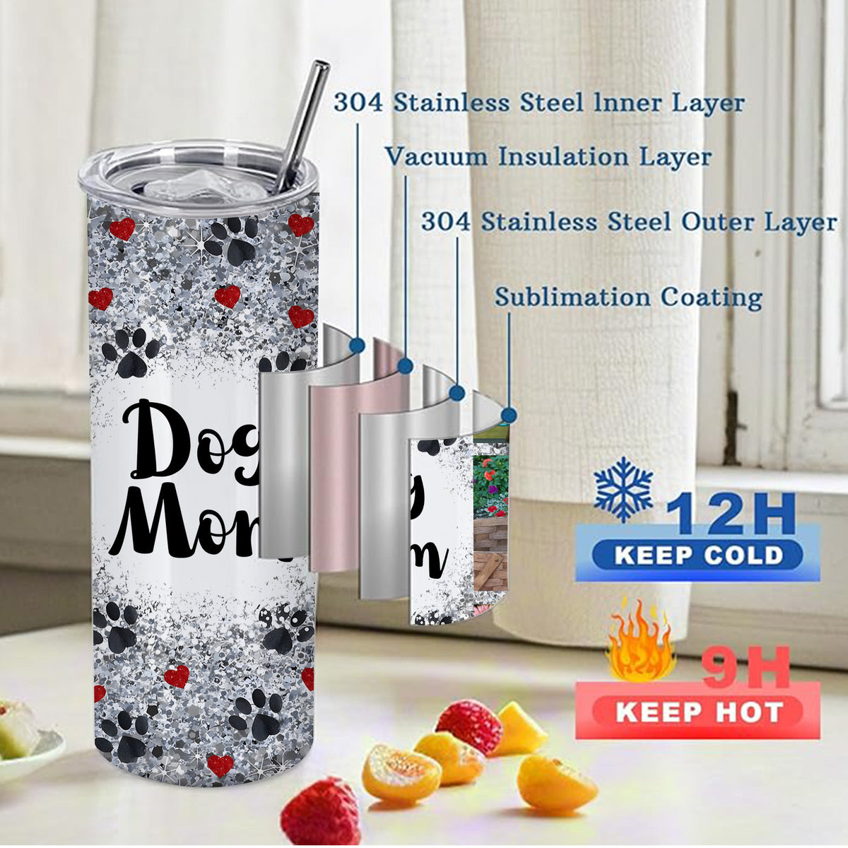Personalized 20oz Skinny Dog Mom Tumbler with Lid & Straw, Custom Dog Photos Only, Glitter Paw Print Heart Fixed Design, Stainless Steel Insulated Travel Mug, Single Cup, Gift for Dog Lovers