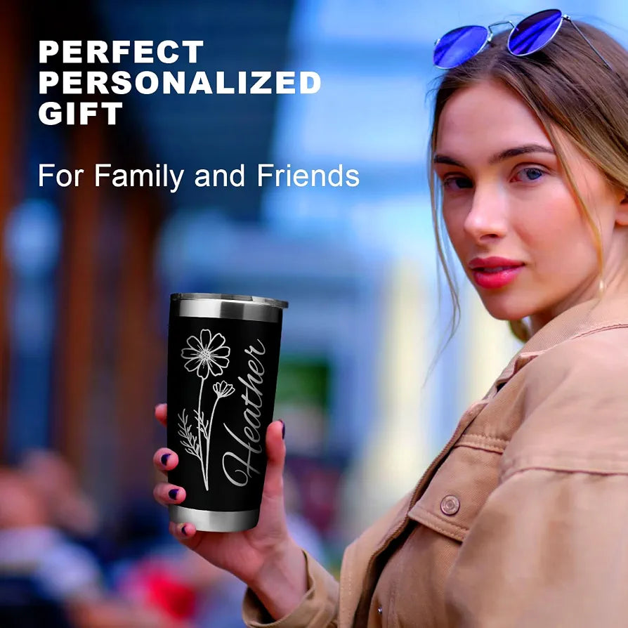 Personalized 20 oz Engraved Tumbler – Custom Name and Birthday Flower Stainless Steel Insulated Travel Cup, Double-Wall, Keeps Drinks Hot & Cold, Durable Coffee Mug – Gift for Her, Made in USA.