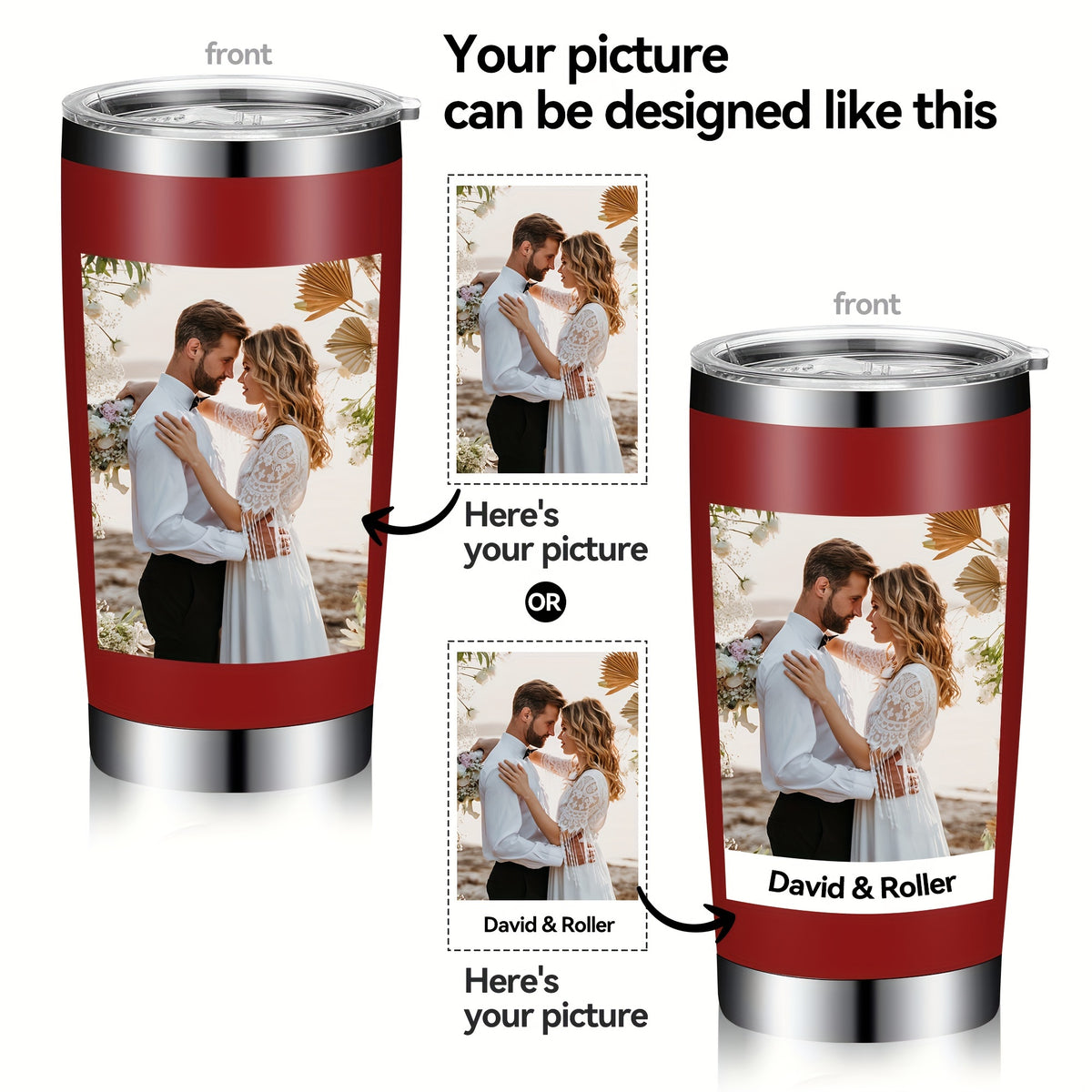 Personalized 20oz Stainless Steel Tumbler, Custom Photo Travel Mug with Lid & Straw, Romantic Anniversary Wedding Gift for Partner, Vacuum Insulated Coffee Cup