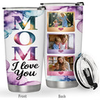 20Oz/600ML Personalized MOM Tumbler, Custom 3 Photos Stainless Steel Insulated Tumbler with Lid, Watercolor Ink Wash Design Travel Coffee Mug, Mom I Love You, Mother’s Day Birthday Gift for Mom