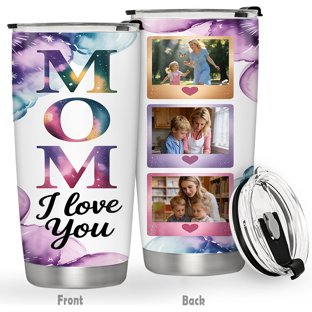 20Oz/600ML Personalized MOM Tumbler, Custom 3 Photos Stainless Steel Insulated Tumbler with Lid, Watercolor Ink Wash Design Travel Coffee Mug, Mom I Love You, Mother’s Day Birthday Gift for Mom