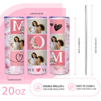 MOM Pink Floral Custom Photo Collage 20oz Skinny Tumbler, Personalized Mom Picture Tumbler, Mother’s Day Gift for Mom