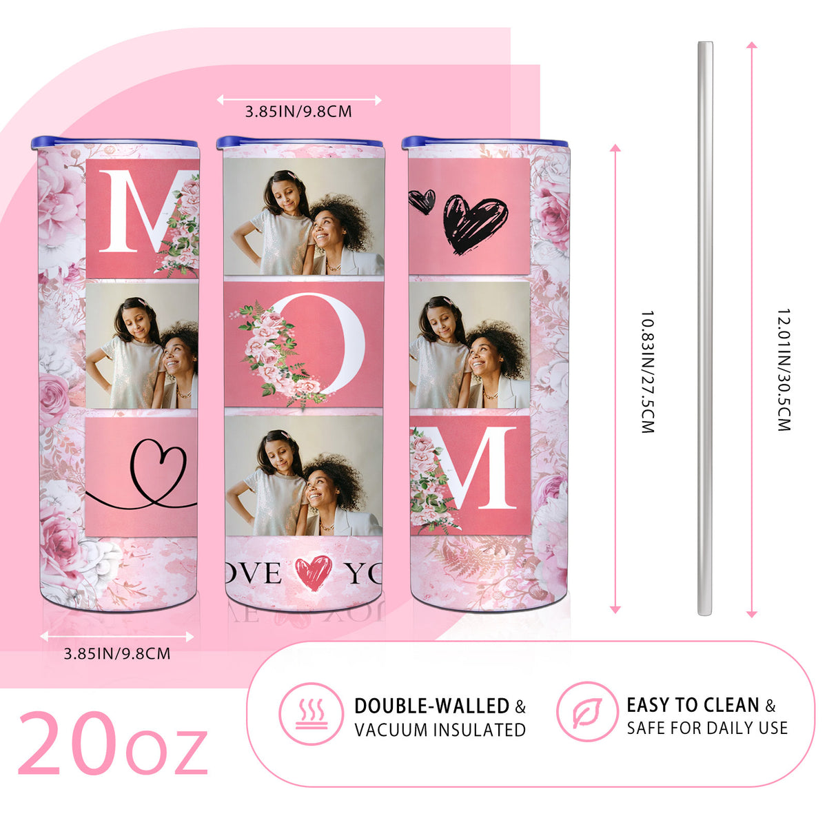 MOM Pink Floral Custom Photo Collage 20oz Skinny Tumbler, Personalized Mom Picture Tumbler, Mother’s Day Gift for Mom
