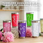 Personalized 20 oz Engraved Tumbler – Custom Name and Birthday Flower Stainless Steel Insulated Travel Cup, Double-Wall, Keeps Drinks Hot & Cold, Durable Coffee Mug – Gift for Her, Made in USA.