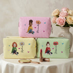 Custom Birth Flower, Name & Cute Character For Her - Personalized Makeup Bag