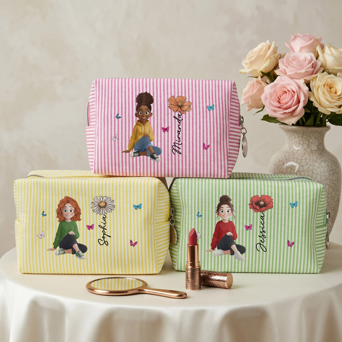 Custom Birth Flower, Name & Cute Character For Her - Personalized Makeup Bag
