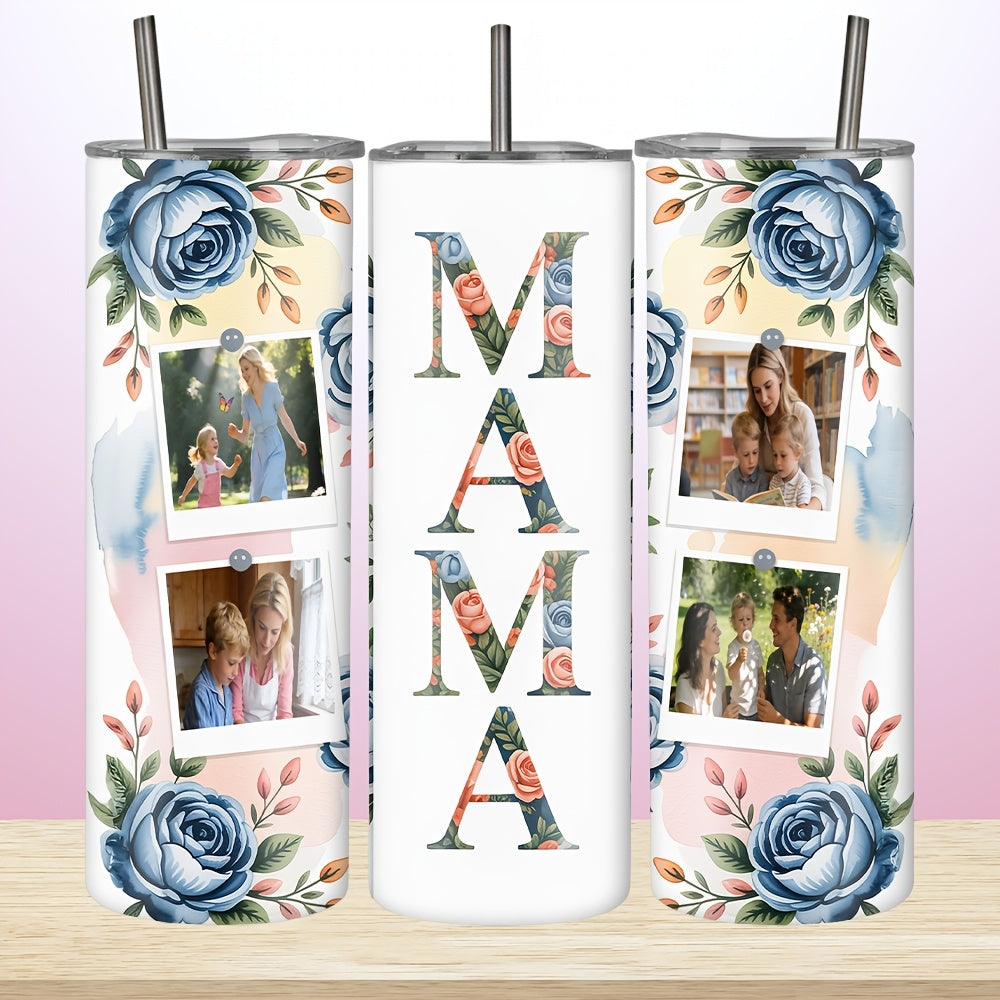 Personalized 20oz Skinny Tumbler with Lid & Straw, Custom Multi Photo Collage on Back, Fixed Floral MAMA Design, Insulated Stainless Steel Travel Cup, Single Tumbler, Mother’s Day & Birthday Gift