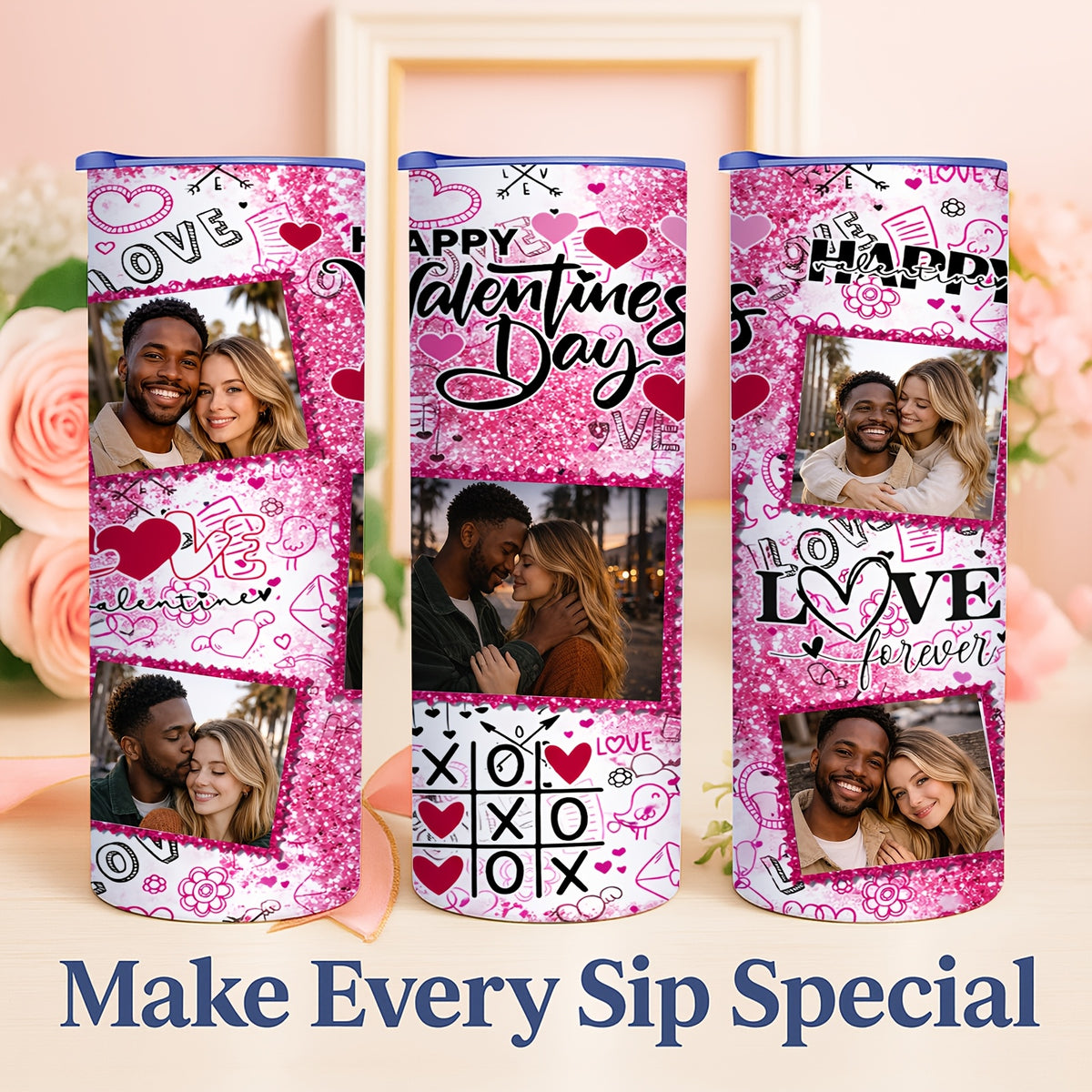 20oz Personalized Photo Stainless Steel Tumbler with Lid & Straw, Romantic Couple Love Design Custom Picture Tumbler, Unique Anniversary Birthday Valentine’s Day Gift Coffee Travel Mug