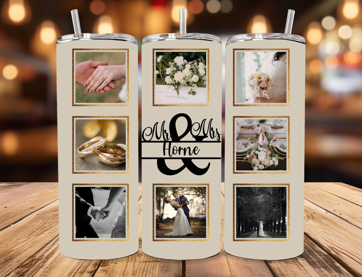 20oz Personalized Wedding Photo Collage Tumbler, Custom 8 Photos & Mr Mrs Monogram Name, Cream Background Stainless Steel Insulated Tumbler with Lid & Straw, Wedding Gift for Couple, Newlywed Anniversary Gift