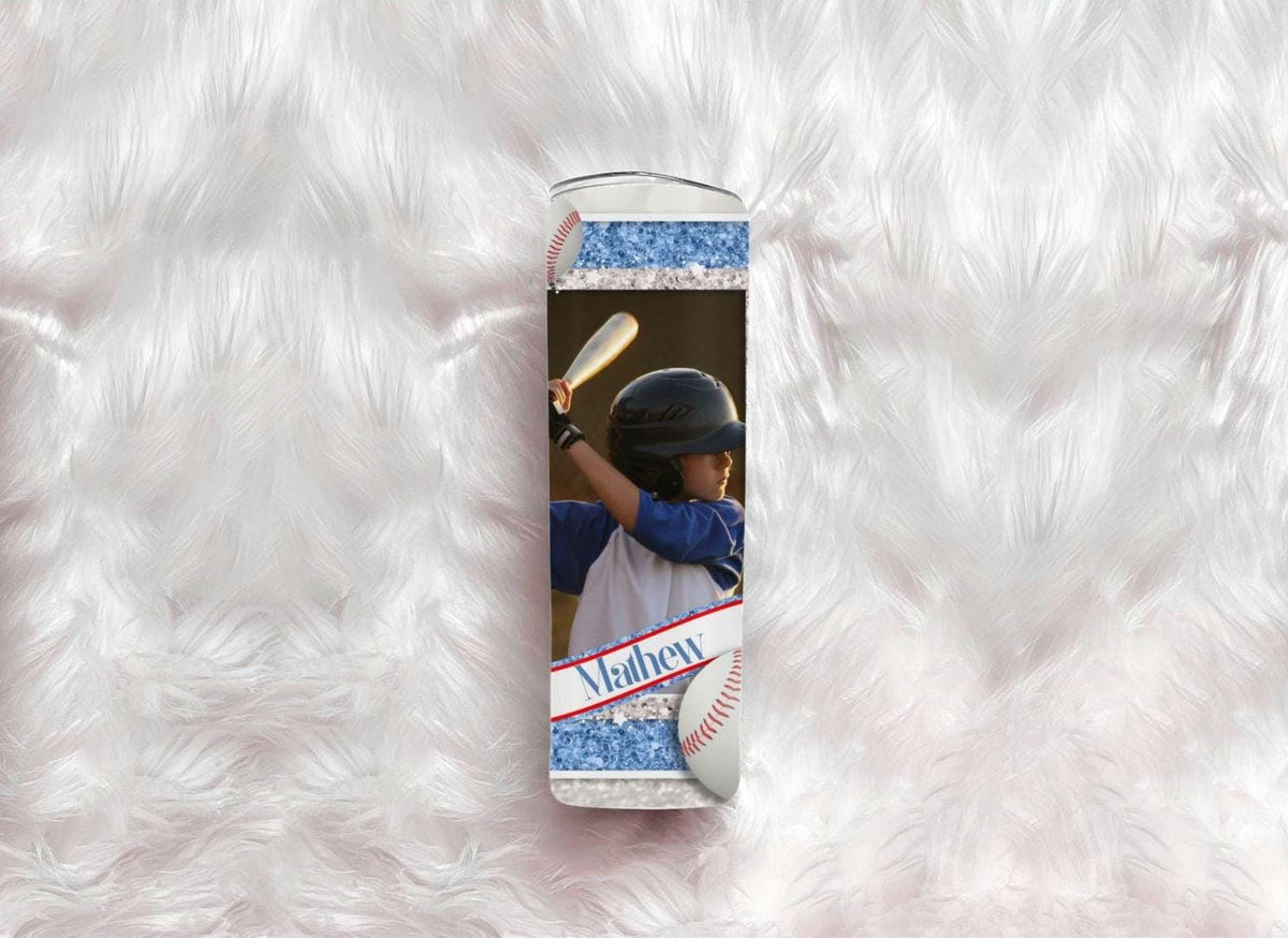 20oz Personalized Baseball Player Tumbler, Custom Athlete Photo & Glitter Name, Baseball Stitch Design Stainless Steel Insulated Tumbler with Lid & Straw, Gift for Baseball Player, Sports Athlete Gift