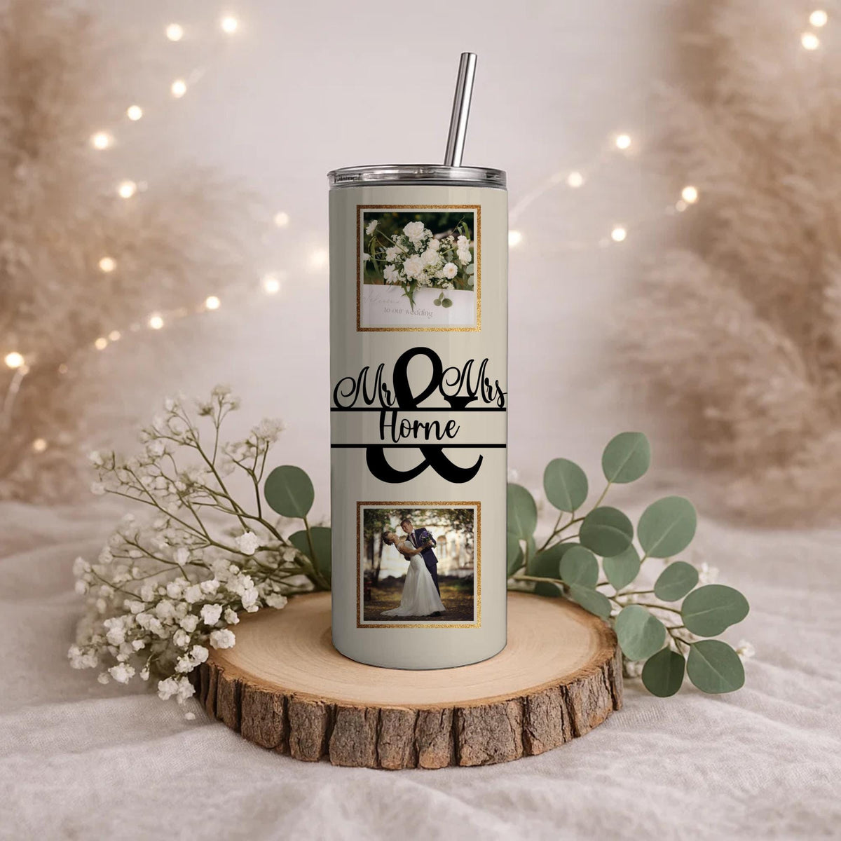 20oz Personalized Wedding Photo Collage Tumbler, Custom 8 Photos & Mr Mrs Monogram Name, Cream Background Stainless Steel Insulated Tumbler with Lid & Straw, Wedding Gift for Couple, Newlywed Anniversary Gift