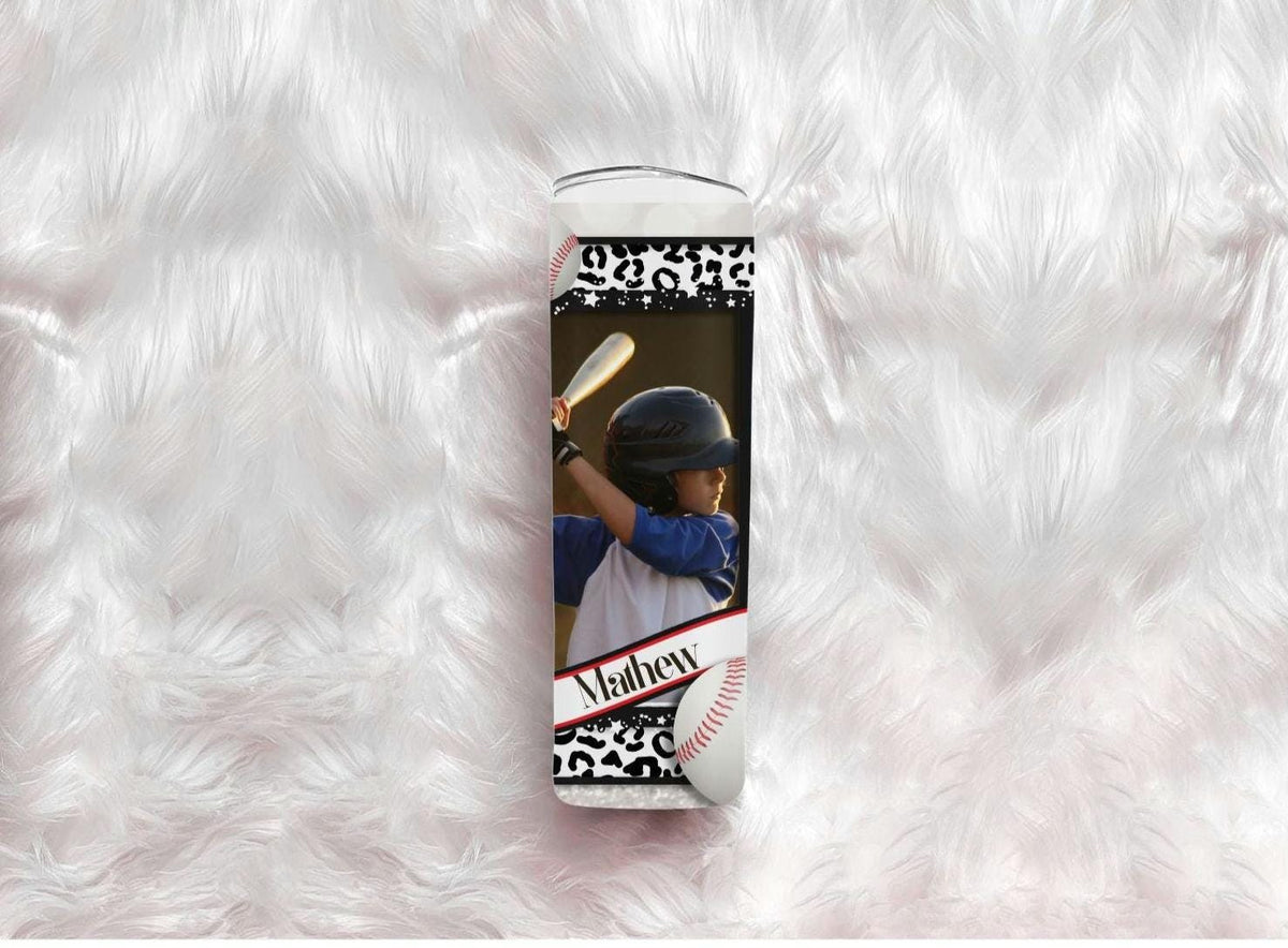20oz Personalized Baseball Player Tumbler, Custom Athlete Photo & Glitter Name, Baseball Stitch Design Stainless Steel Insulated Tumbler with Lid & Straw, Gift for Baseball Player, Sports Athlete Gift