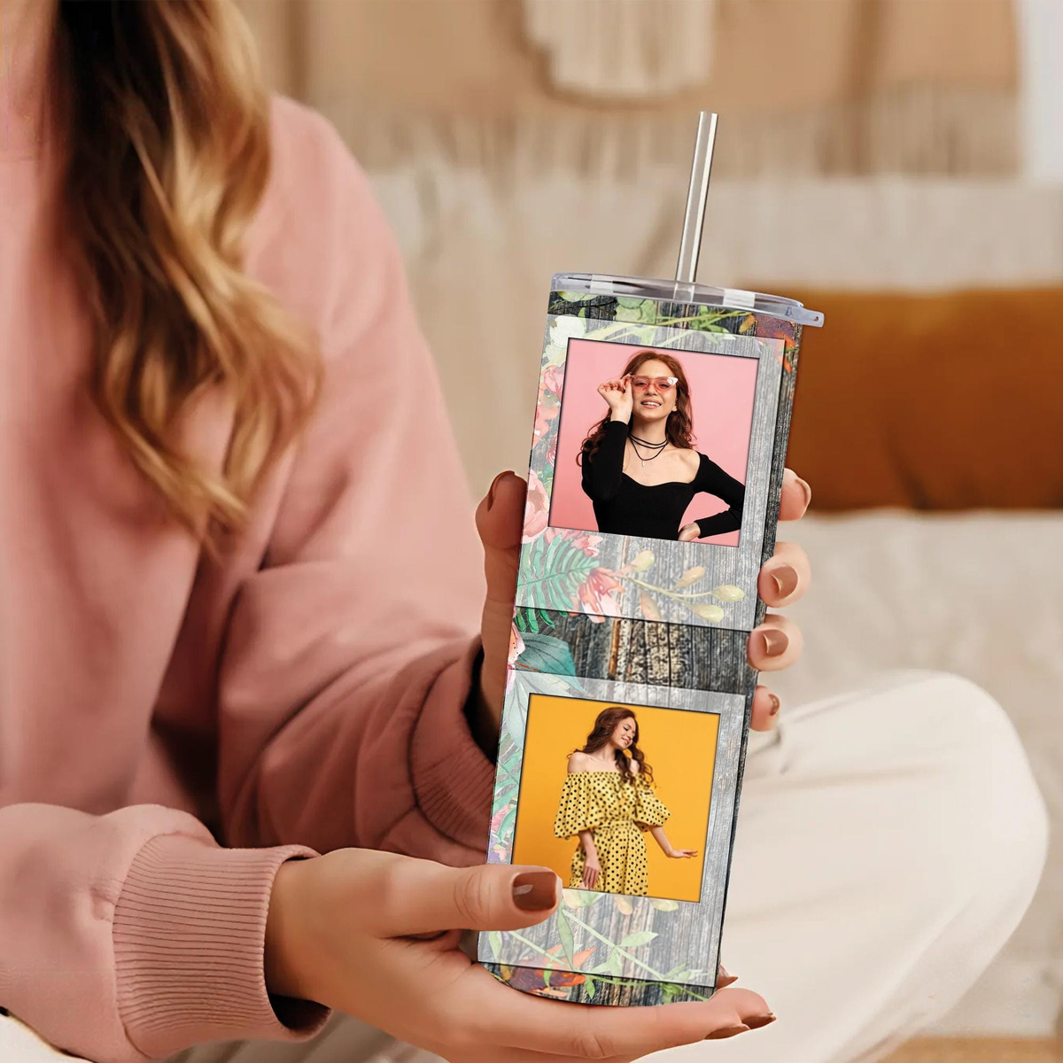 Custom Photo Tumbler with Floral Design | Personalized Picture Cup| Gift for Mom| Girlfriend Birthday Gift | Anniversary Gift for Her