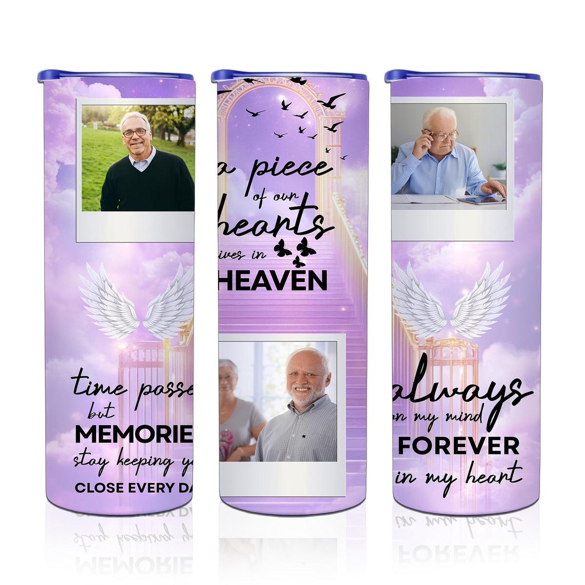 Memorial Custom Photo 20oz Skinny Tumbler, Purple Sky Angel Wings Personalized Insulated Tumbler, Forever in My Heart Remembrance Gift Cup