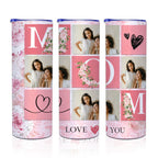 MOM Pink Floral Custom Photo Collage 20oz Skinny Tumbler, Personalized Mom Picture Tumbler, Mother’s Day Gift for Mom
