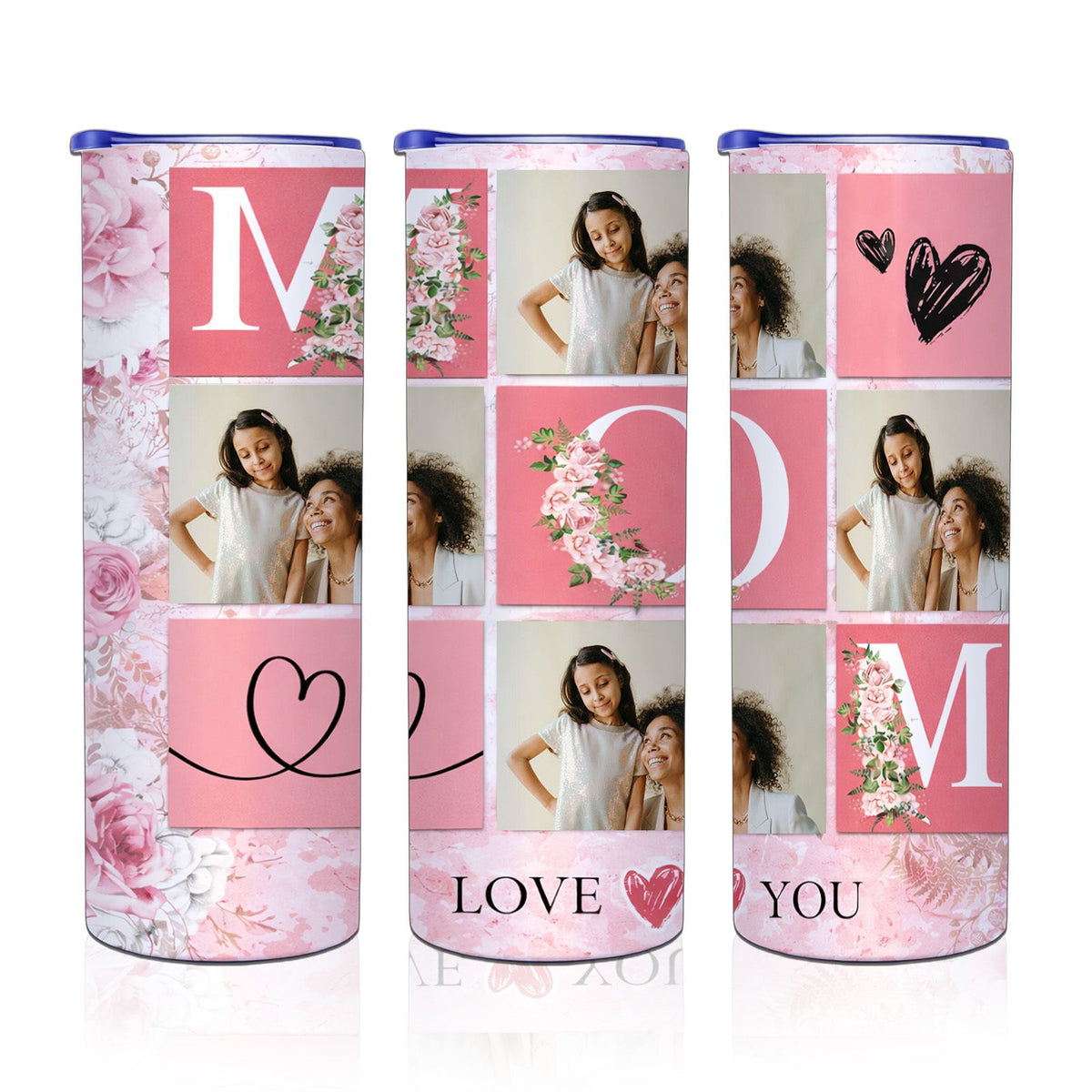 MOM Pink Floral Custom Photo Collage 20oz Skinny Tumbler, Personalized Mom Picture Tumbler, Mother’s Day Gift for Mom